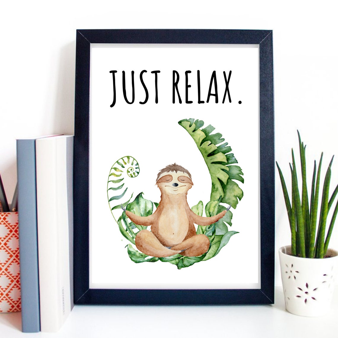 Just Relax Meditating Sloth Watercolor Tropical Leaves Yoga Print - Image 3