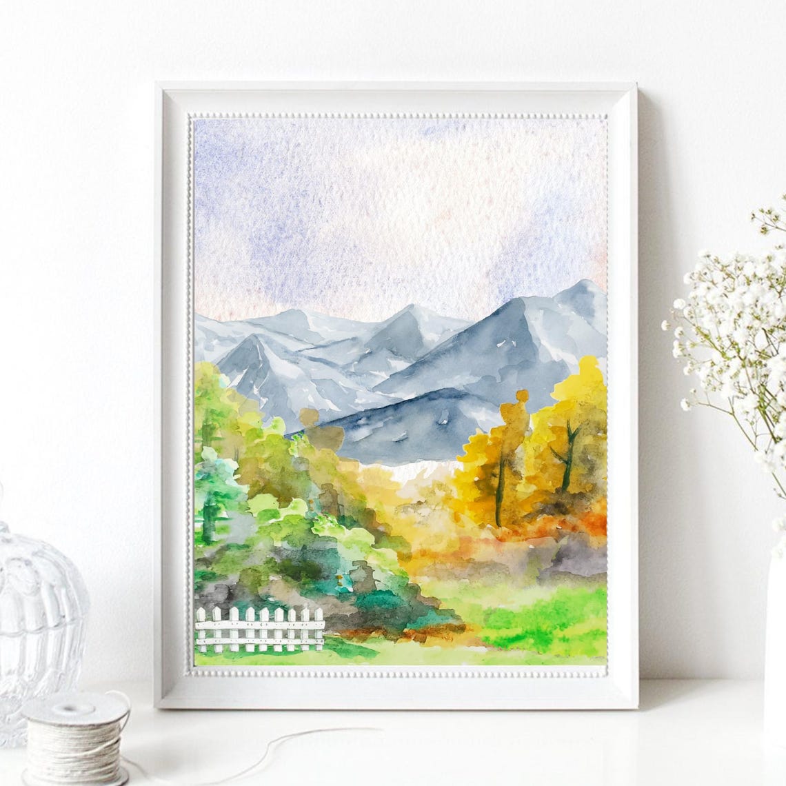 Autumn Mountain Landscape Watercolor Golden Trees Fall Nature Poster