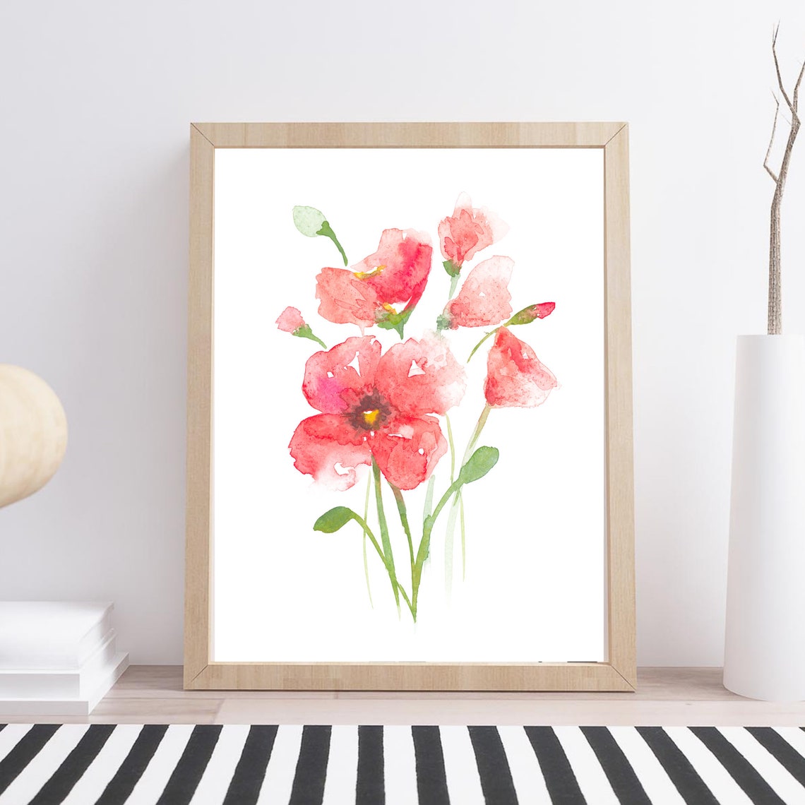 Red Poppy Watercolor Coral Blooms Loose Floral Botanical Poster - Image 2