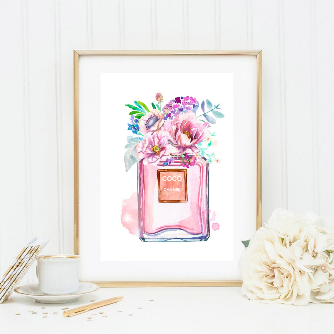 Pink Coco Chanel Perfume Bottle Floral Watercolor Fashion Glam Poster