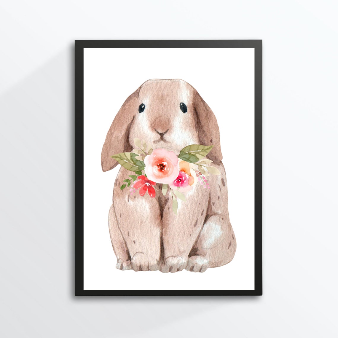 Bunny Rabbit Flowers Watercolor Cute Lop Eared Baby Nursery Wall Art - Image 2