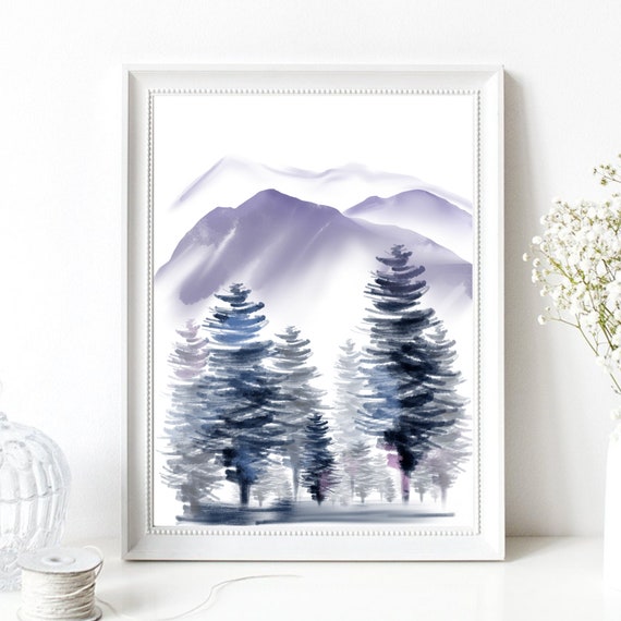 Din A4 Art Print Without Frame Landscape With Mountains And Forest Firs Nature Ink Watercolor Painting Picture Print Poster