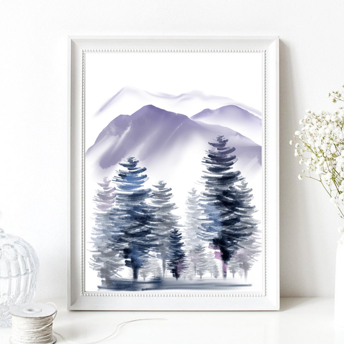 Misty Purple Mountain Landscape Pine Forest Watercolor Wall Art