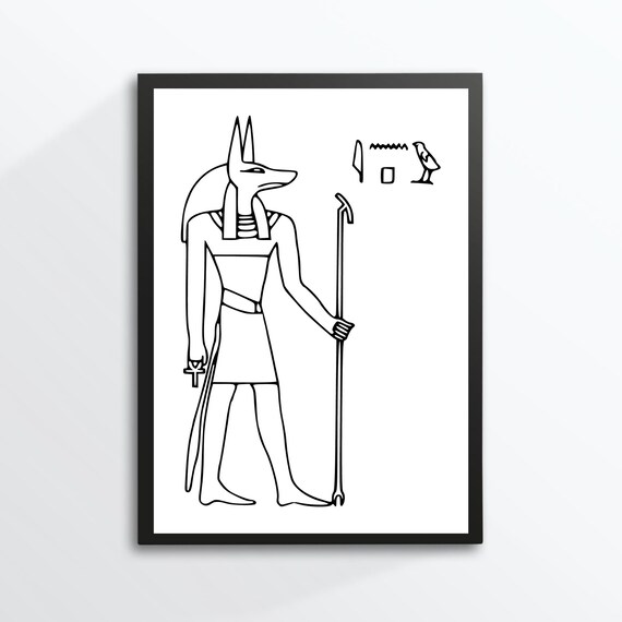 Anubis Egyptian Jackal God Hieroglyphs Minimalist Black Line Art Print