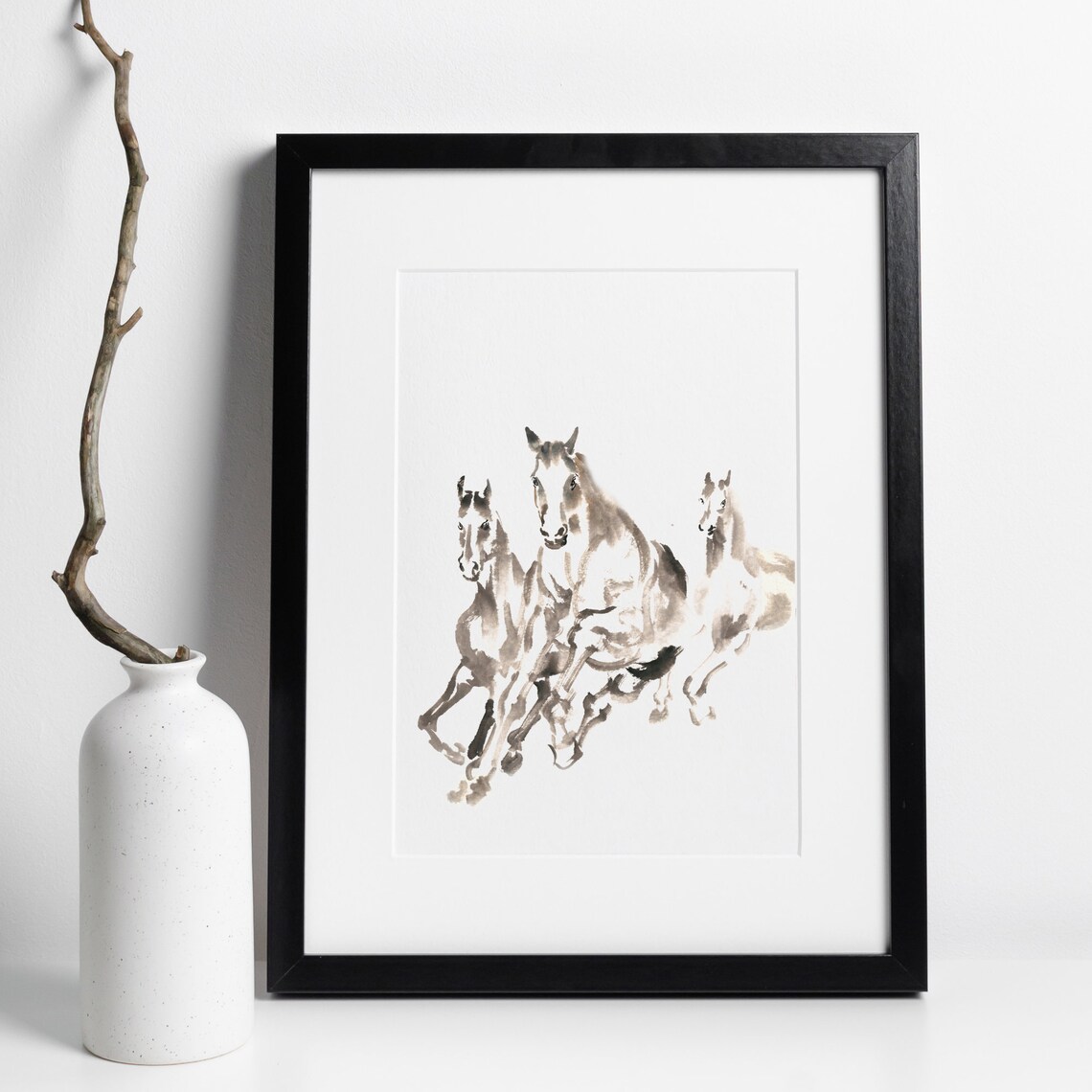 Galloping Horses Trio Ink Wash Painting Minimalist Horse Wall Art - Image 2
