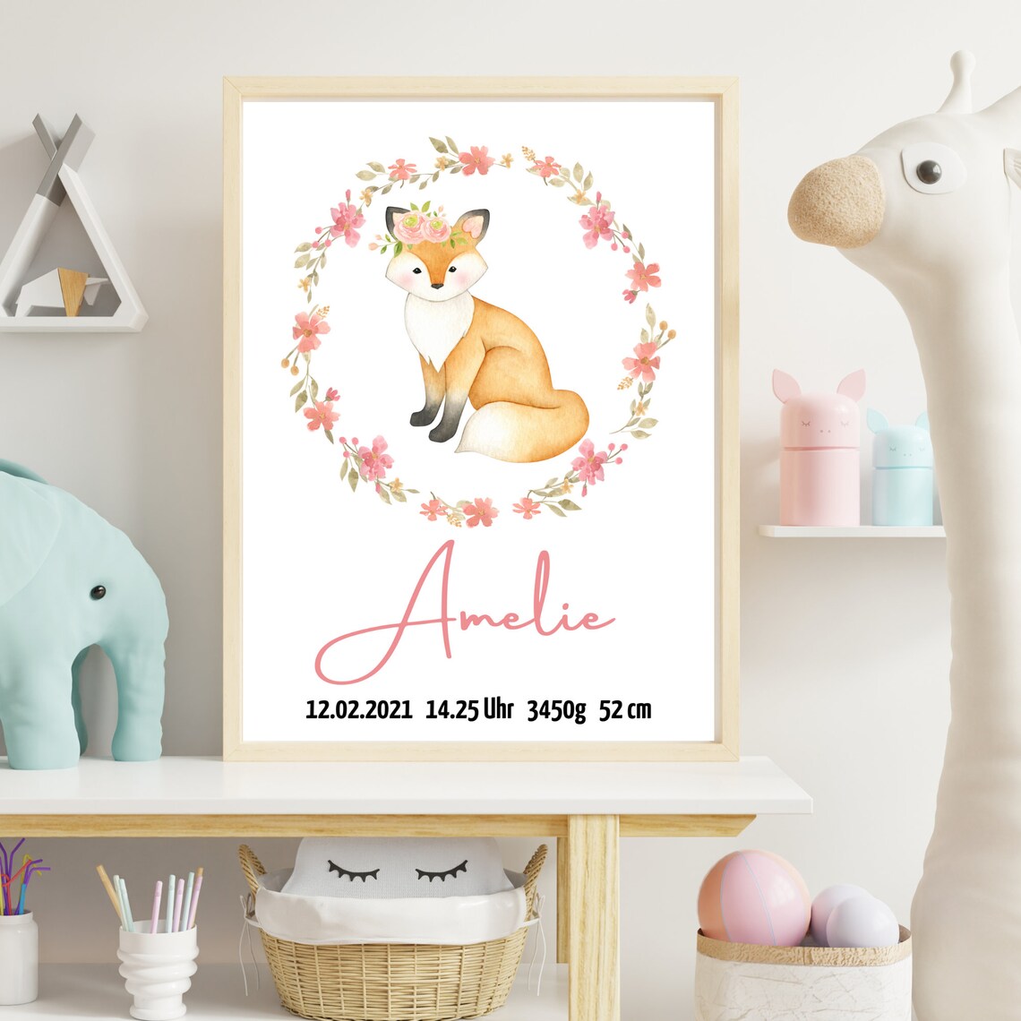 Personalized Baby Birth Poster Fox Flower Wreath Watercolor Nursery Art - Image 3