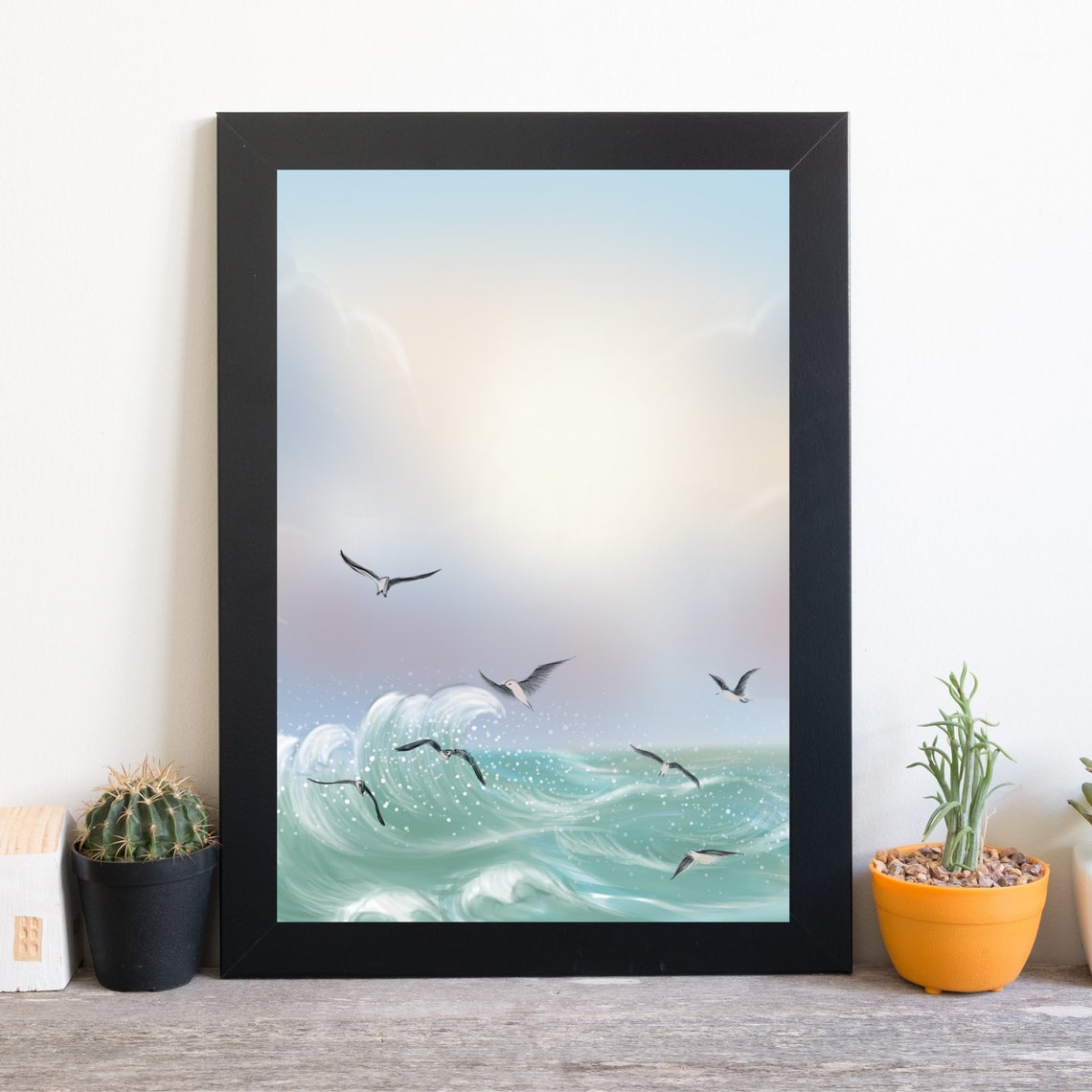 Seagulls Flying Over Ocean Waves Coastal Sunrise Beach Nature Poster - Image 2
