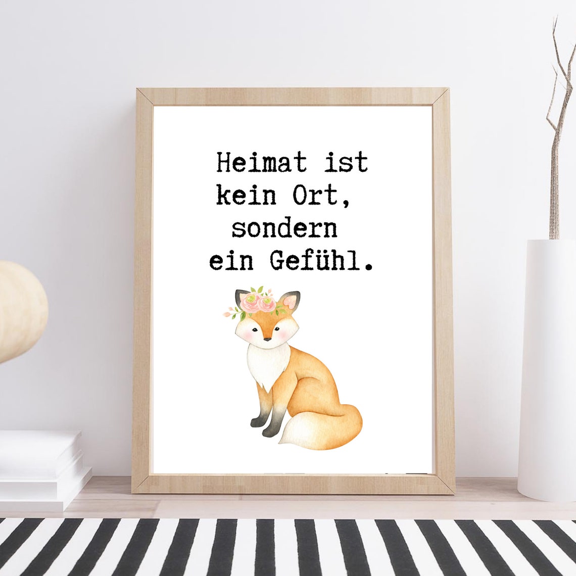 Home Is A Feeling Fox Flower Crown Watercolor German Quote Wall Art - Image 3