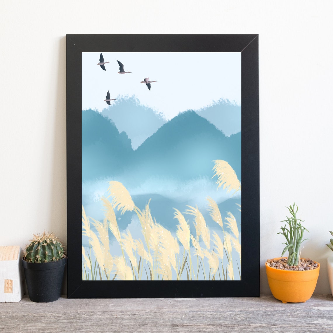 Misty Blue Mountains Birds Pampas Grass Calm Landscape Wall Art - Image 2