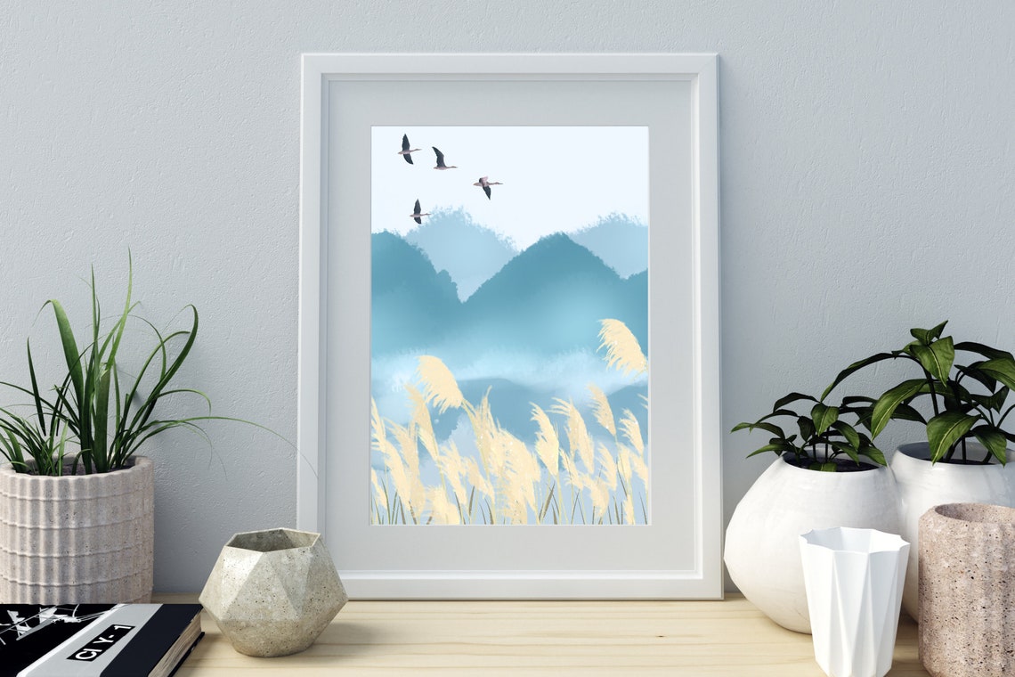 Misty Blue Mountains Birds Pampas Grass Calm Landscape Wall Art