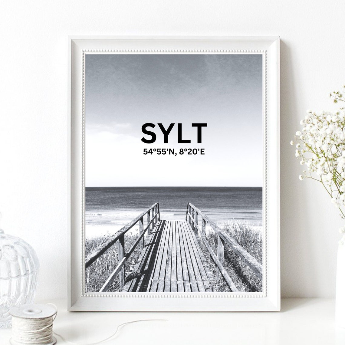 Sylt Germany Beach Boardwalk Black And White Coordinates Travel Poster - Image 2