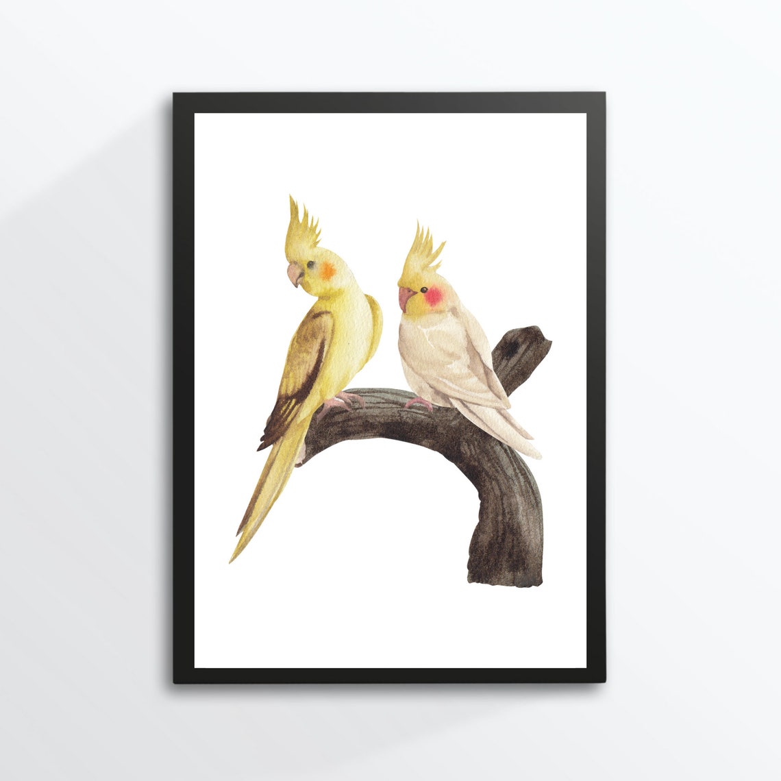 Yellow Cockatiel Parrot Pair on Branch Watercolor Bird Art Print