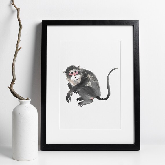 Baboon Monkey, Ink Watercolor Art Print