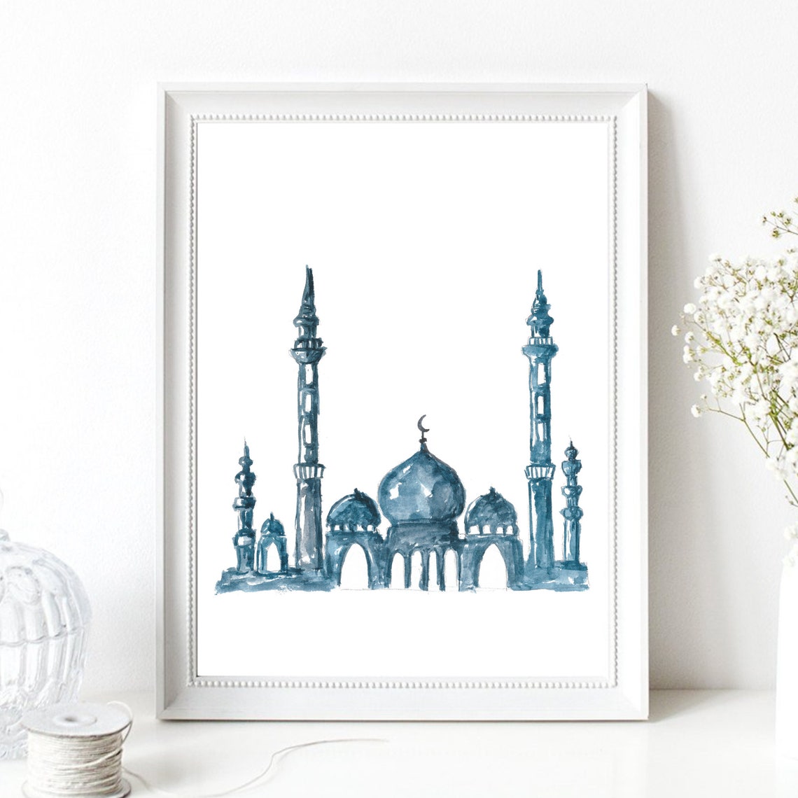 Islamic Mosque With Minarets Blue Turquoise Watercolor Poster