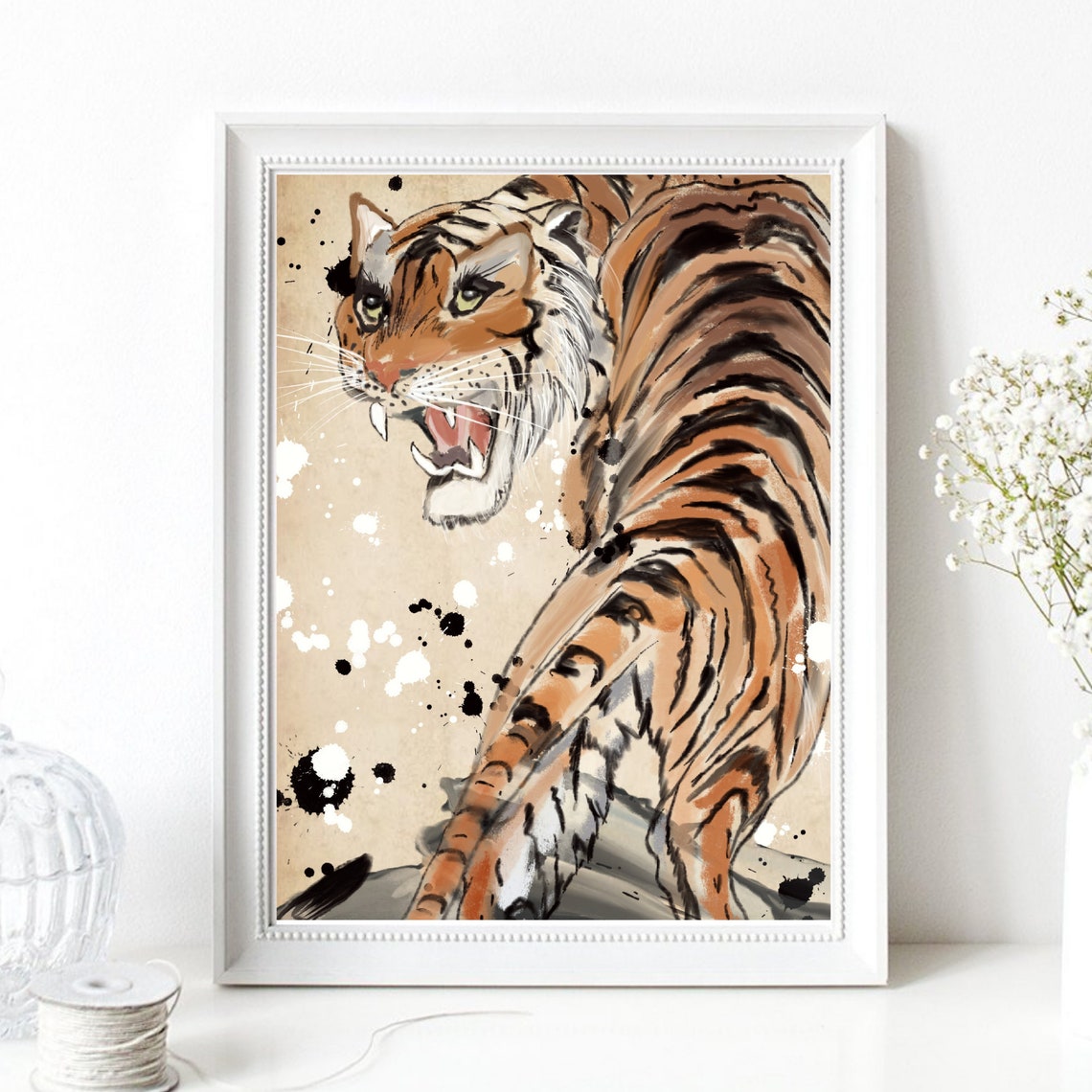 Roaring Tiger Japanese Ink Painting Splatter Wildlife Art Poster