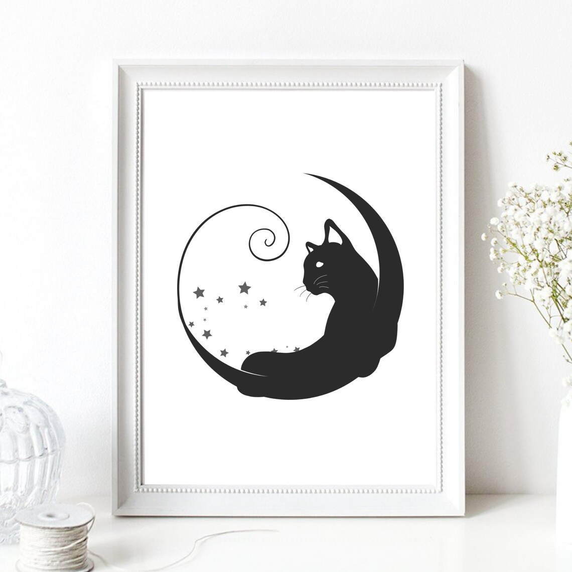 Din A4 Art Print Without Frame Cat In The Moon Cat Love Cats Gothic Wicca Magic Typography Print Poster - Image 2