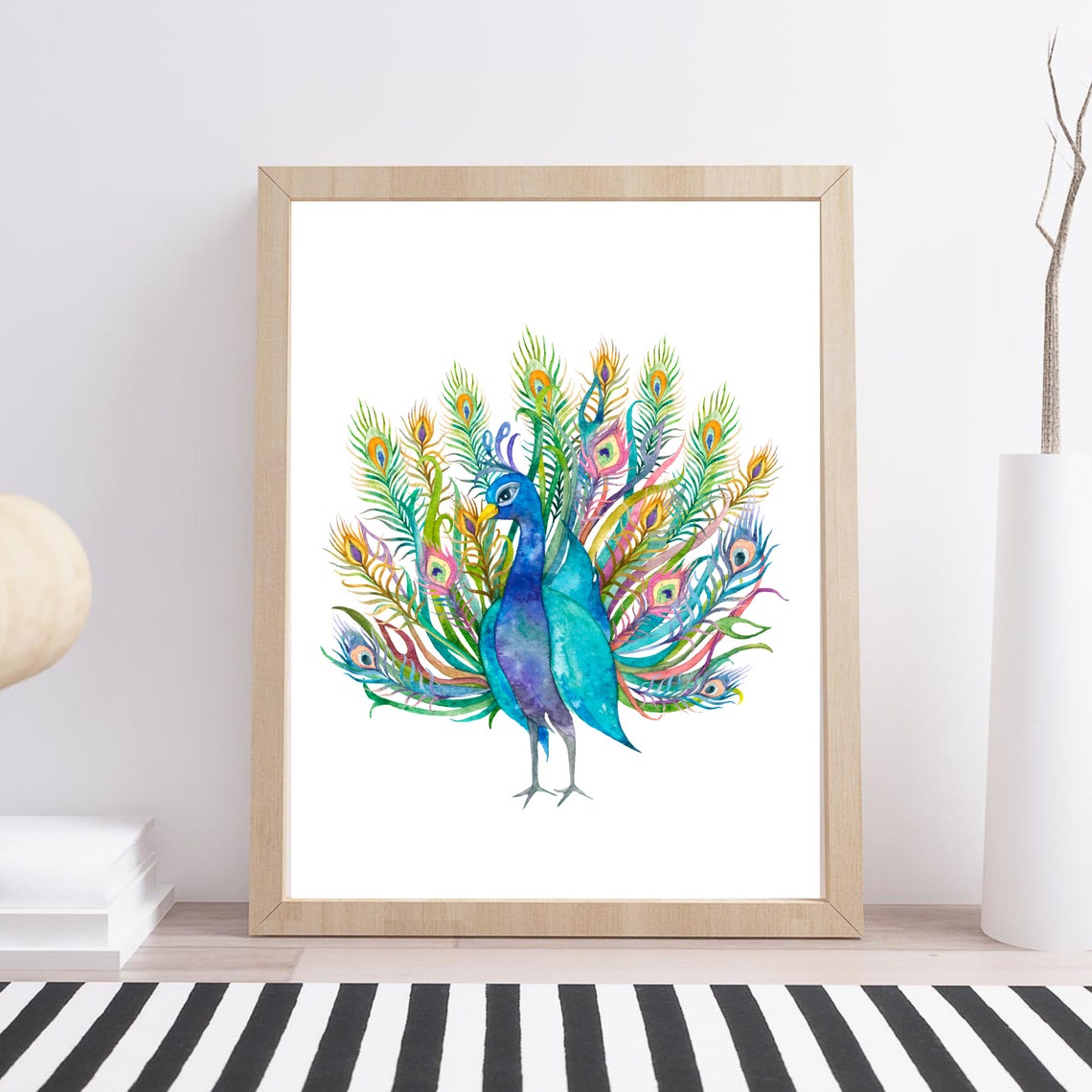 Colorful Peacock Fanned Tail Watercolor Vibrant Bird Art Poster