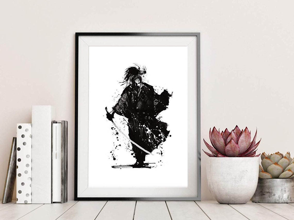 Samurai Warrior Ink Painting With Sword Black Brush Stroke Poster - Image 2