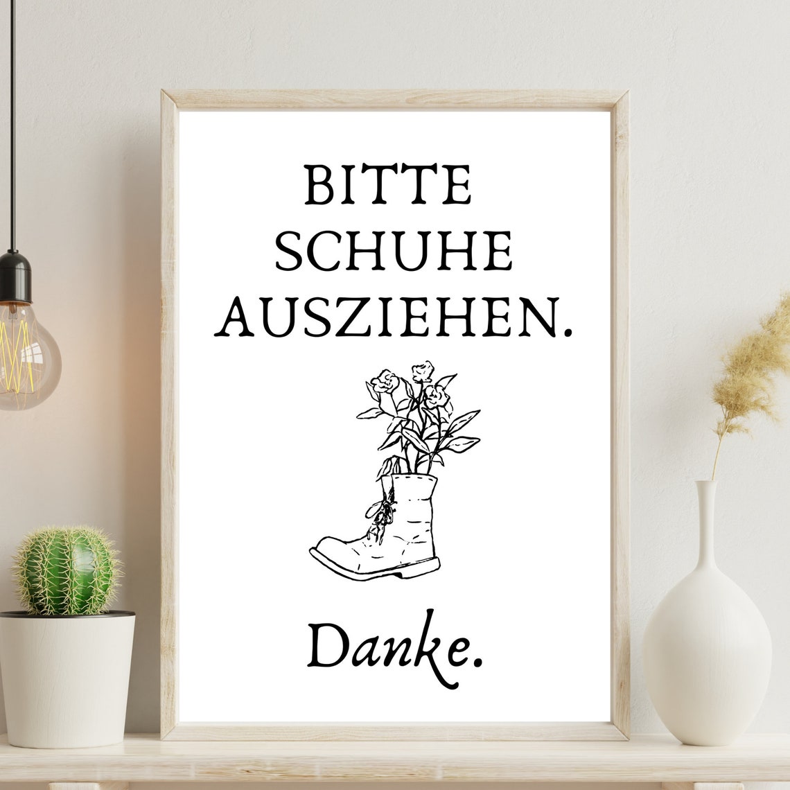 Please Take Off Shoes German Entrance Sign Boot Flowers Wall Print