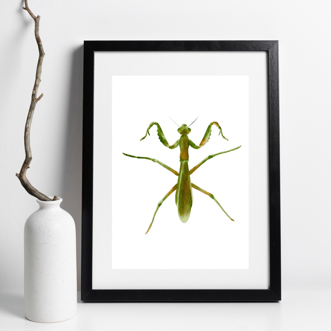 Praying Mantis Watercolor Green Insect Symmetrical Nature Art Poster - Image 2