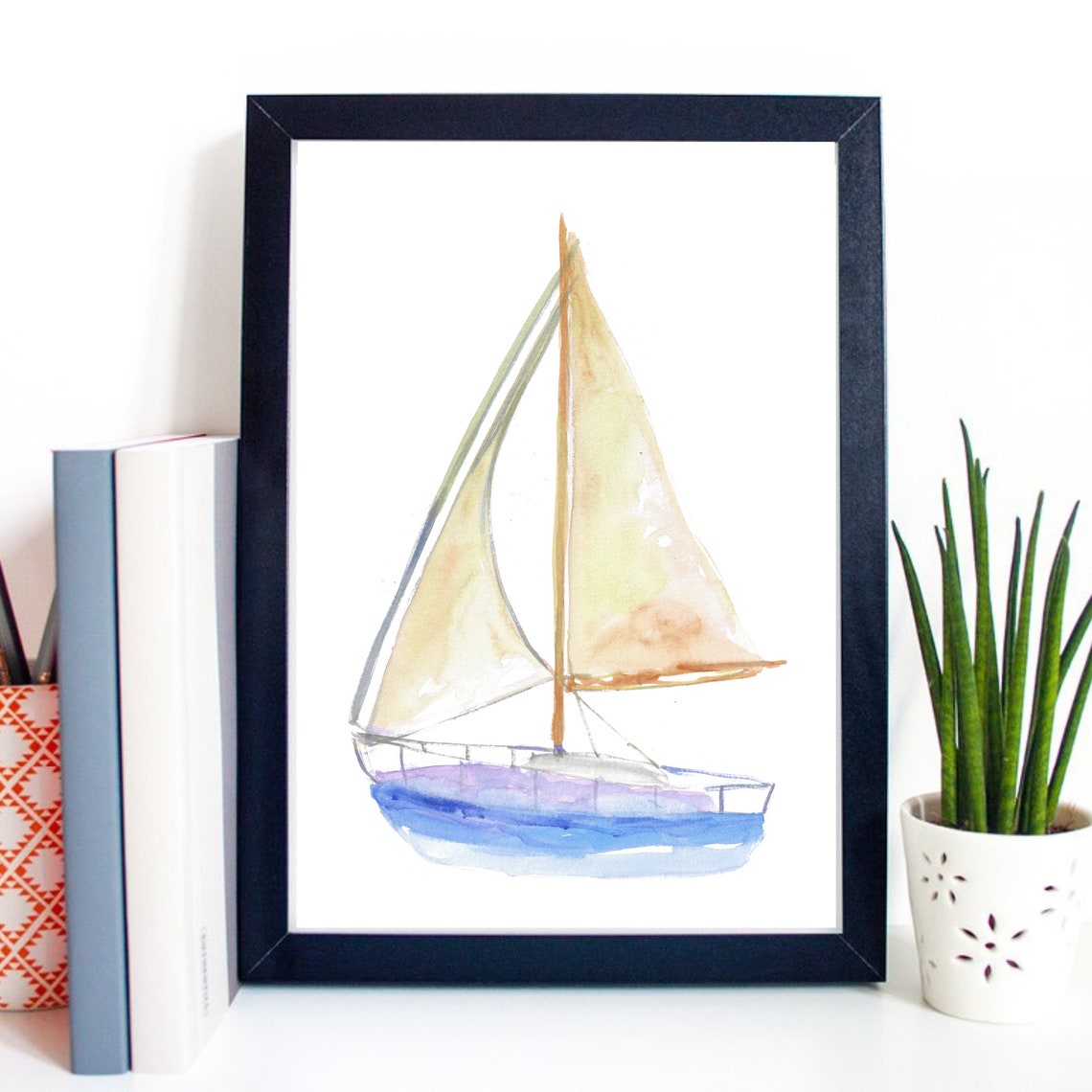 Sailboat With Tan Sails Blue Hull Coastal Watercolor Nautical Poster - Image 3