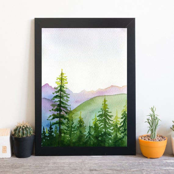 Din A4 Art Print Without Frame Landscape With Fir Forest Forest Green Forests Fir Watercolor Print Poster Image