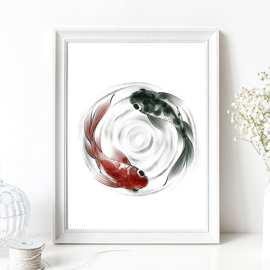 Koi Fish Yin Yang Circle Black Red Japanese Zen Watercolor Wall Art - Image 2