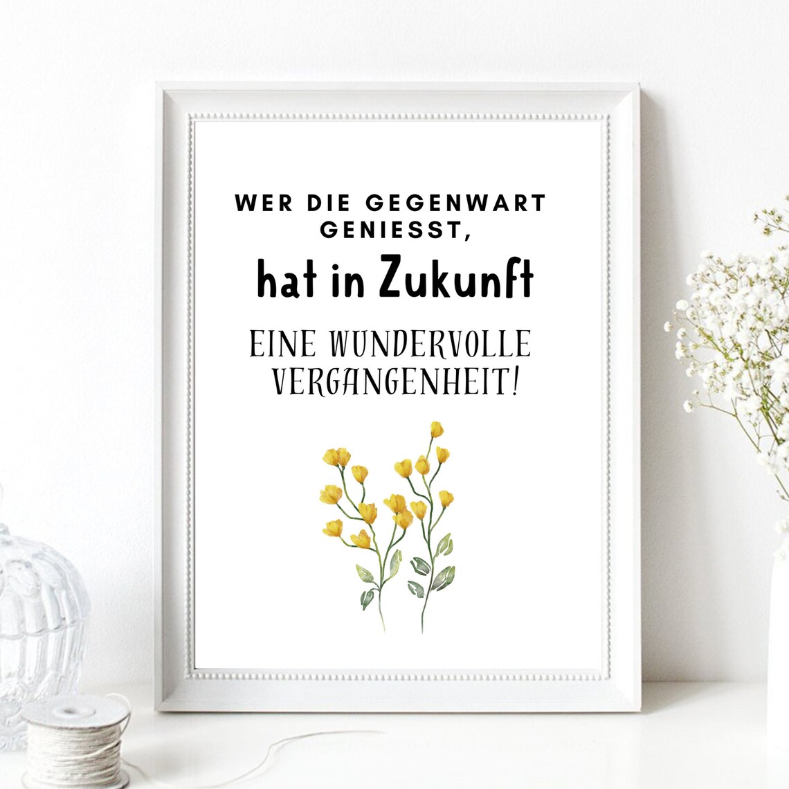 Enjoy The Present Wonderful Future German Motivational Quote Floral Poster - Image 2