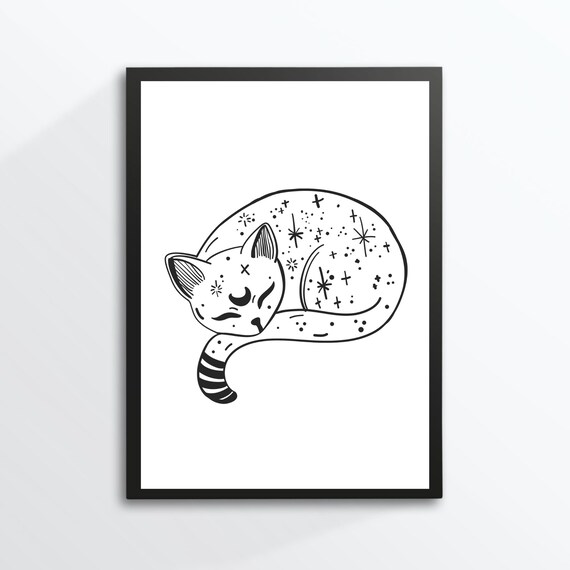 Sleeping Cat Celestial Stars Line Art Black White Wicca Mystical Wall Art