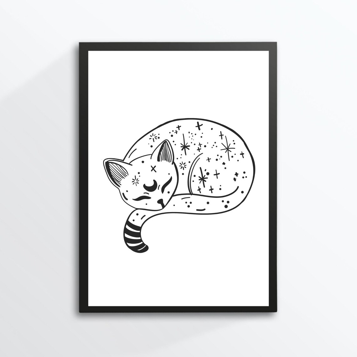 Sleeping Cat Celestial Stars Line Art Black White Wicca Mystical Wall Art