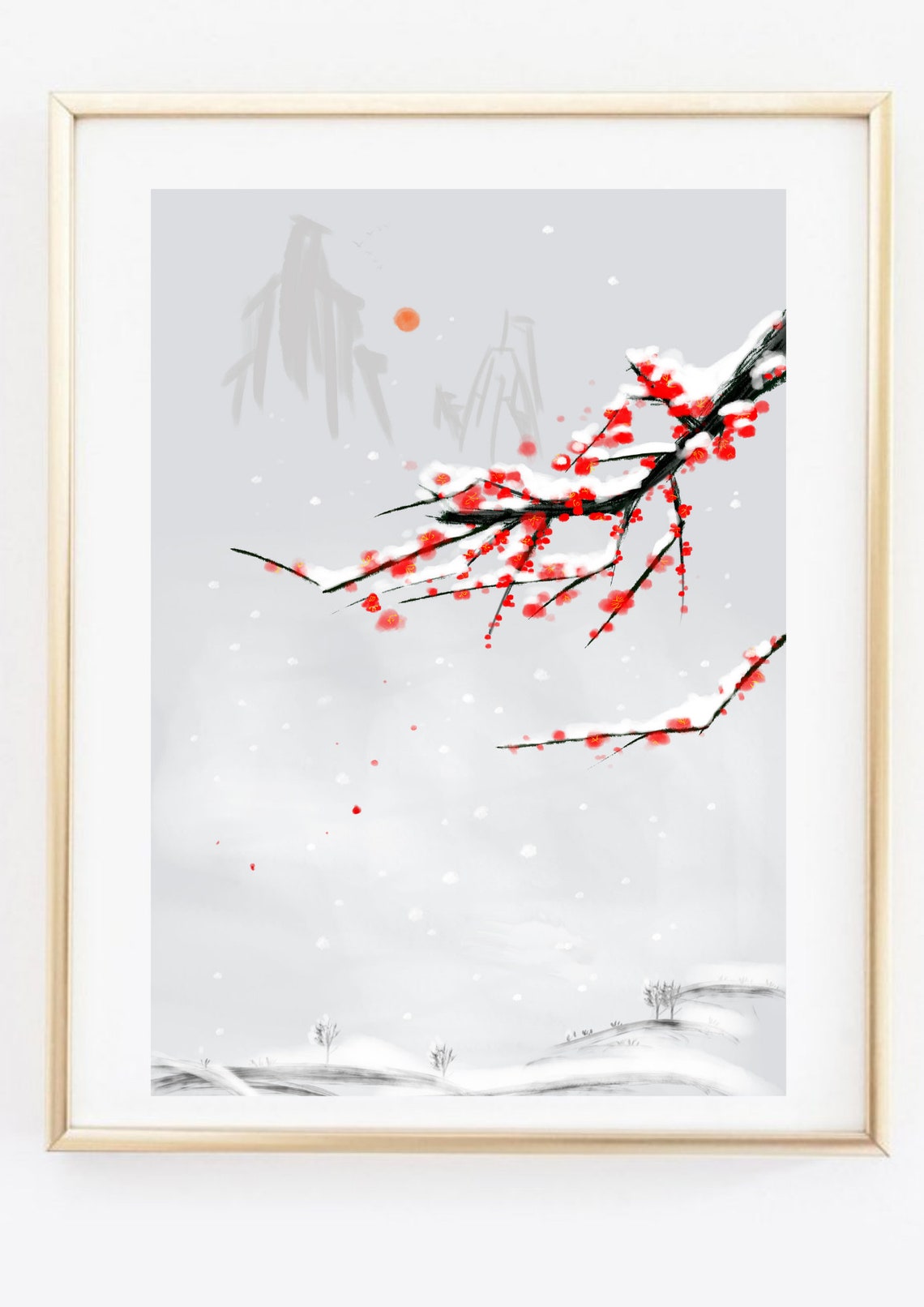 Winter Red Blossom Branch Snow Asian Watercolor Minimalist Wall Art