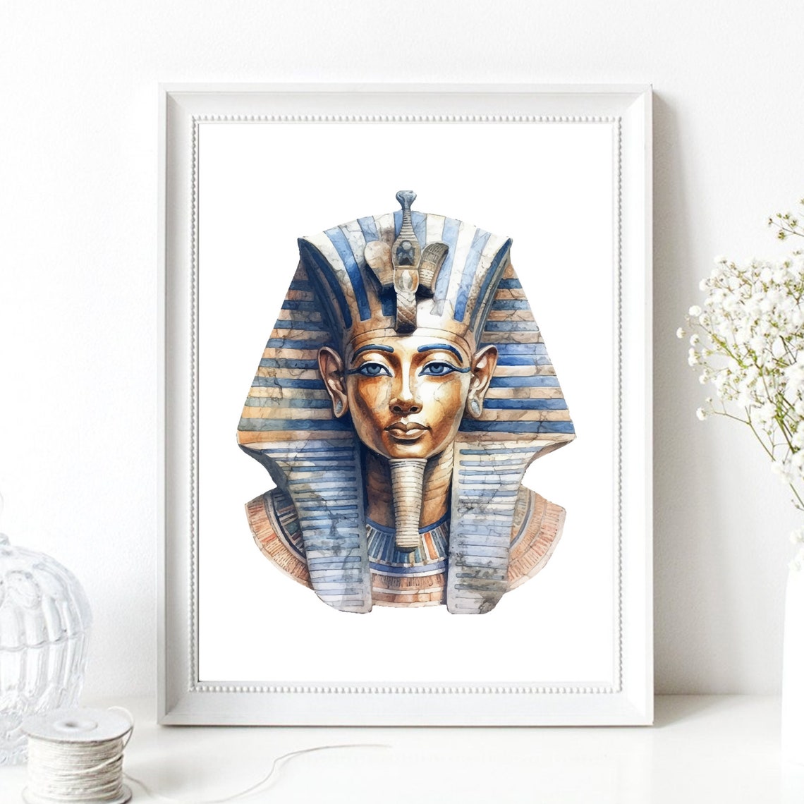 Tutankhamun Pharaoh Golden Mask Egypt Watercolor Wall Art Print