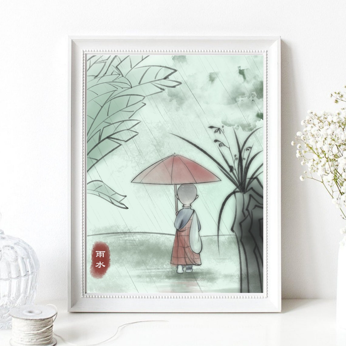 Little Monk With Pink Umbrella In Rain Zen Watercolor Art Poster