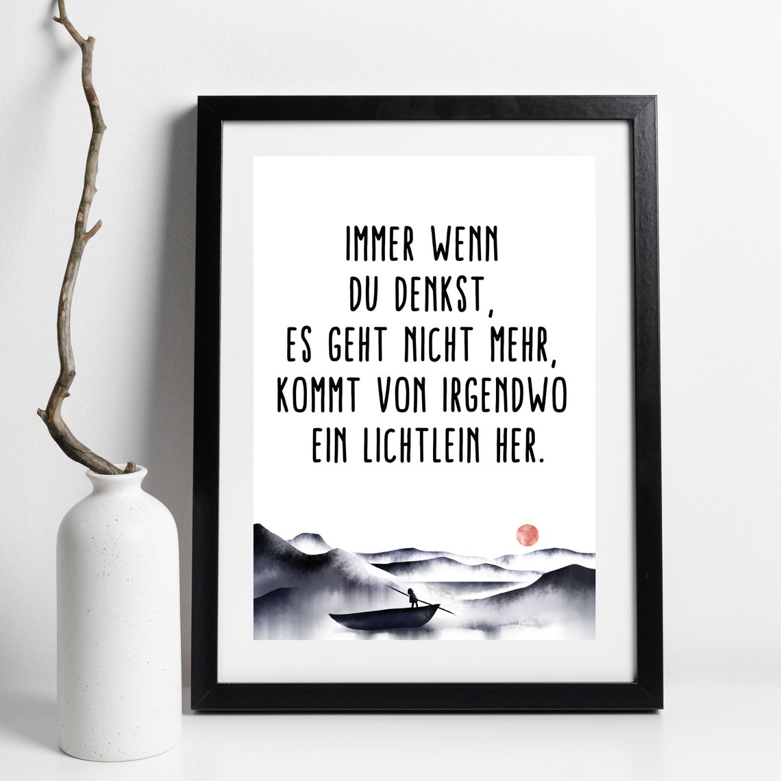 Light Comes From Somewhere German Hope Quote Mountain Boat Art Print - Image 3