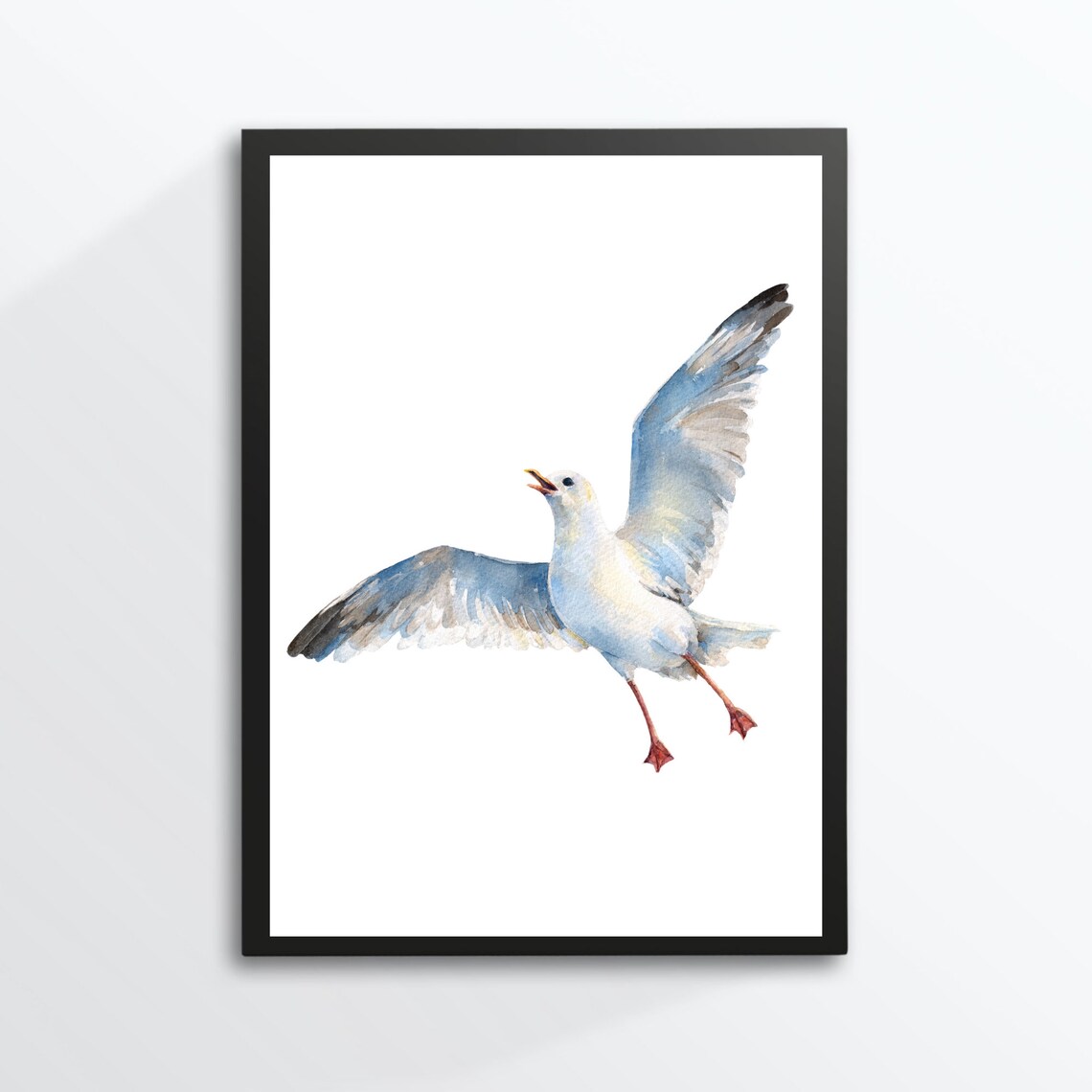 Flying Screeching Seagull Watercolor Coastal Bird Nautical Poster
