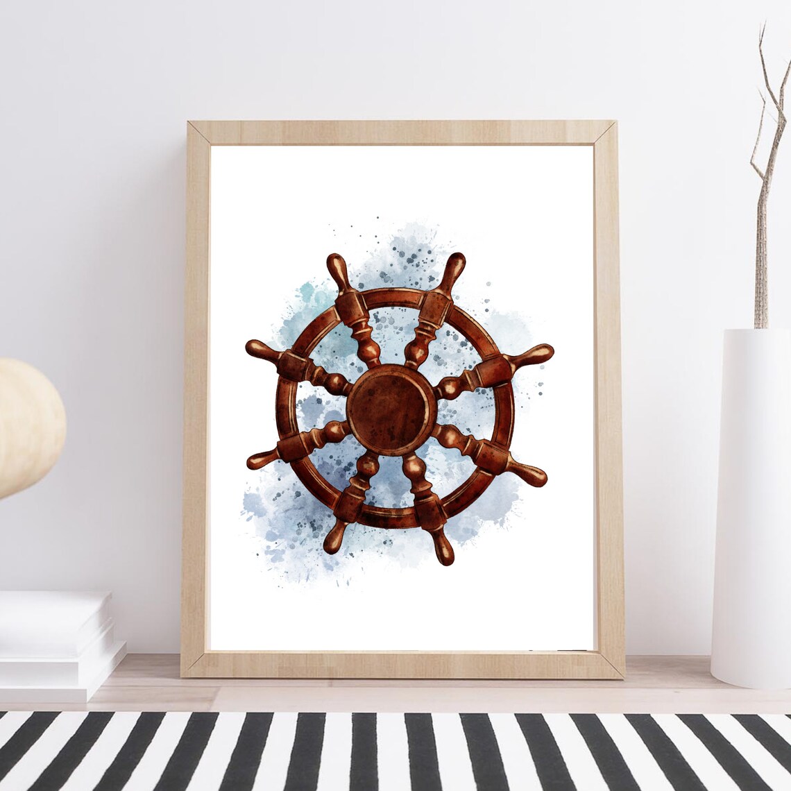 Wooden Ship Helm Wheel Watercolor Maritime Nautical Coastal Wall Poster