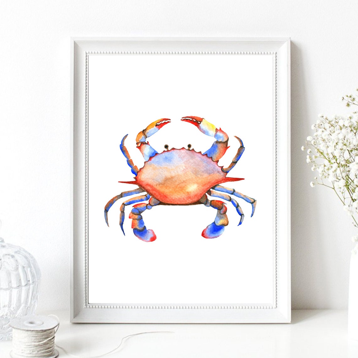 Colorful Blue Crab Watercolor Nautical Coastal Decor Art Print