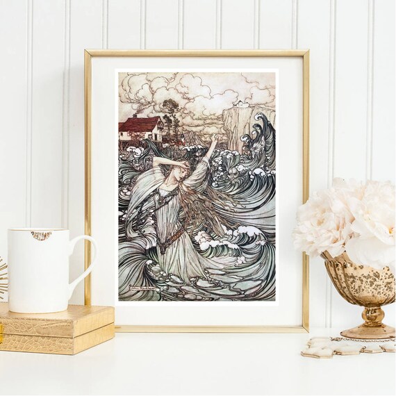 Arthur Rackham Undine Woman Ocean Waves Vintage Fantasy Illustration Print