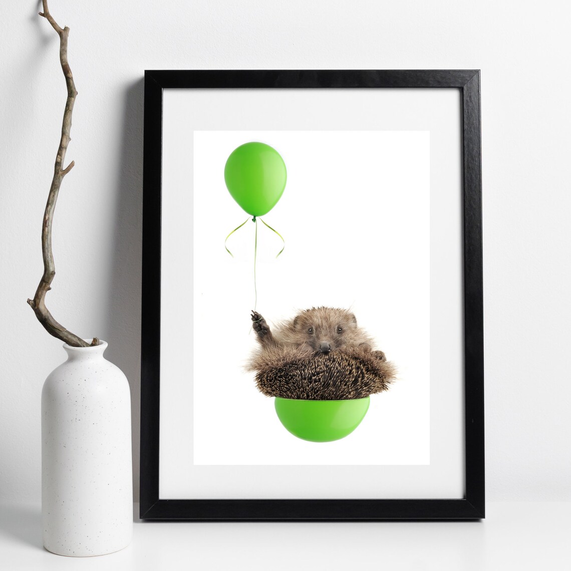 Cute Hedgehog Holding Green Balloon Lying Back Playful Animal Photo Poster - Image 2