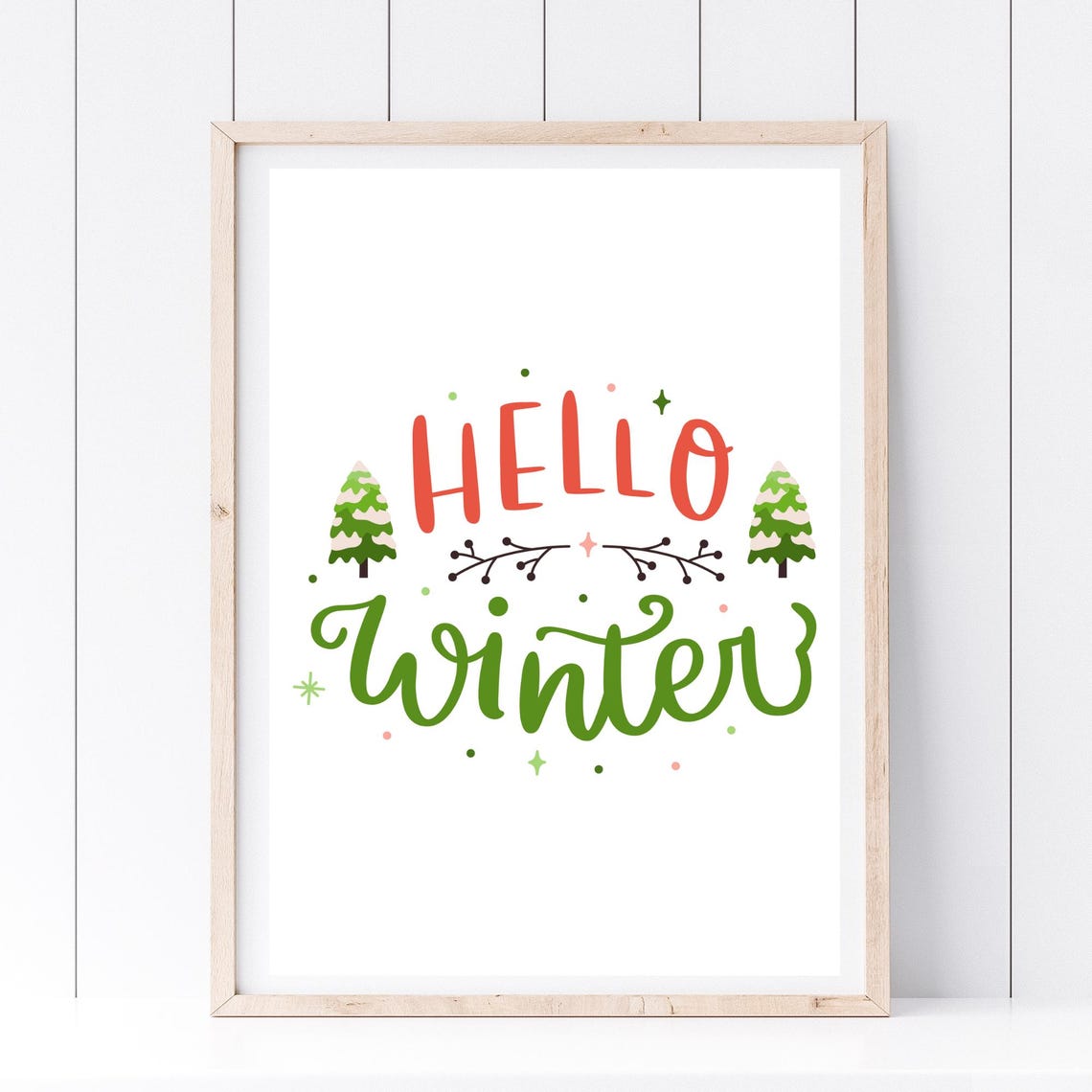 Hello Winter Red Green Christmas Trees Holiday Lettering Wall Art