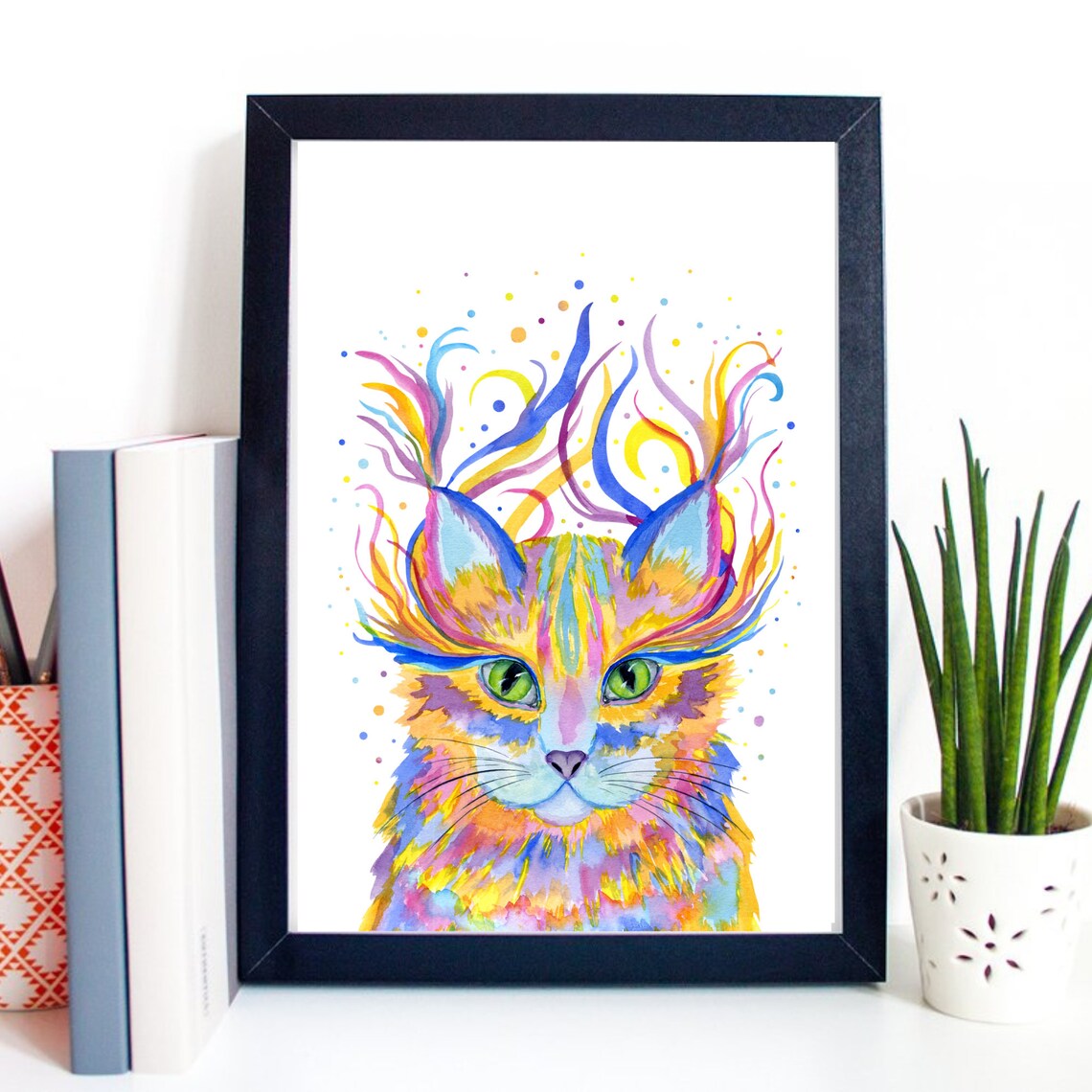 Rainbow Fantasy Cat Green Eyes Colorful Watercolor Animal Wall Art - Image 2
