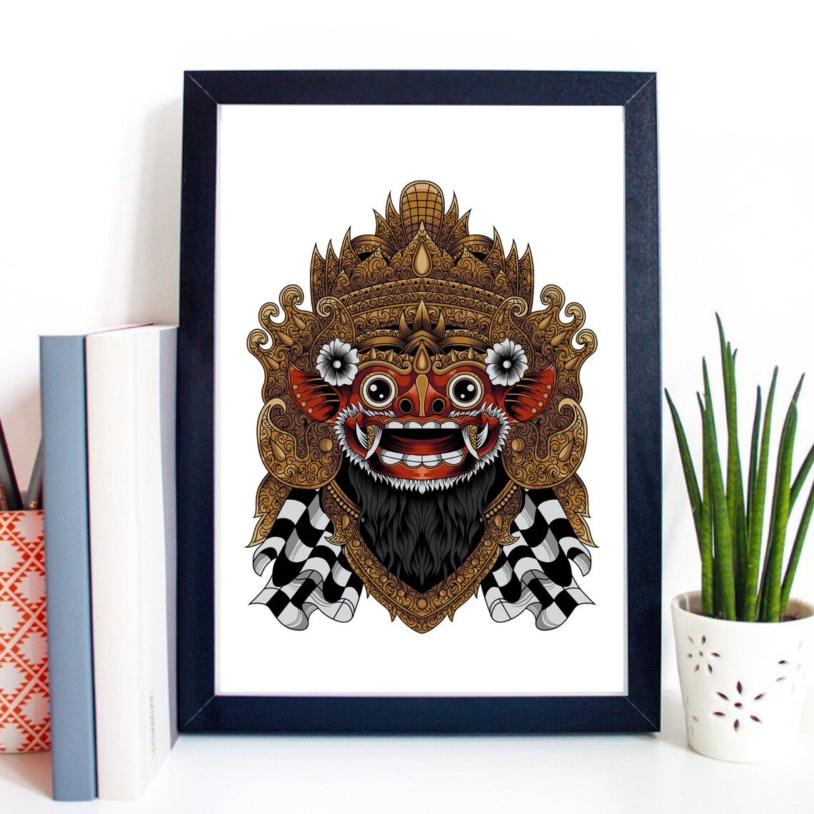 Barong Bali Balinese Lion Mask Deity Gold Red Ornate Hindu Wall Art Poster - Image 2