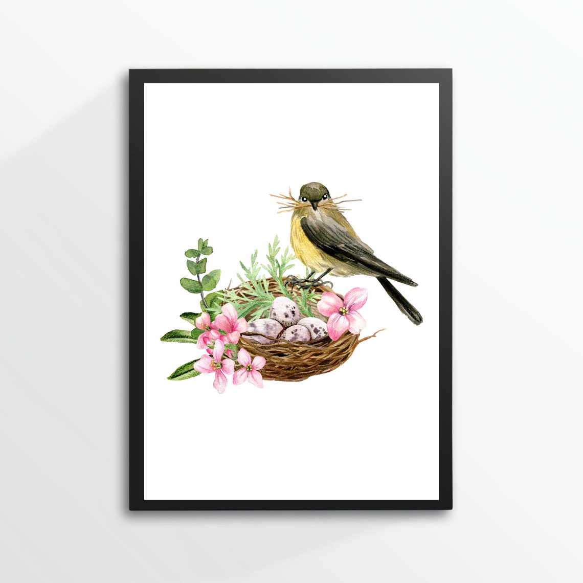 Bird Nest With Speckled Eggs Pink Blossoms Watercolor Art Print - Image 2