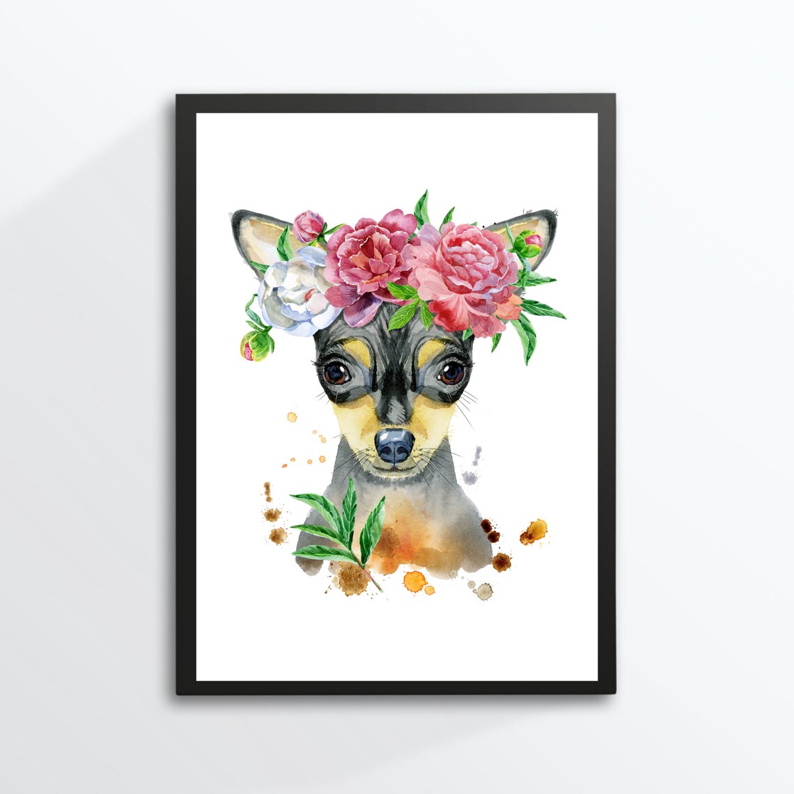 Miniature Pinscher Dog Portrait Flower Crown Watercolor Art Print - Image 2