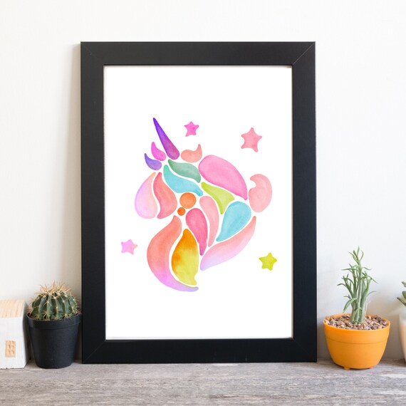 Pastel Unicorn Head Starry Watercolor Scandi Style Magical Nursery Poster
