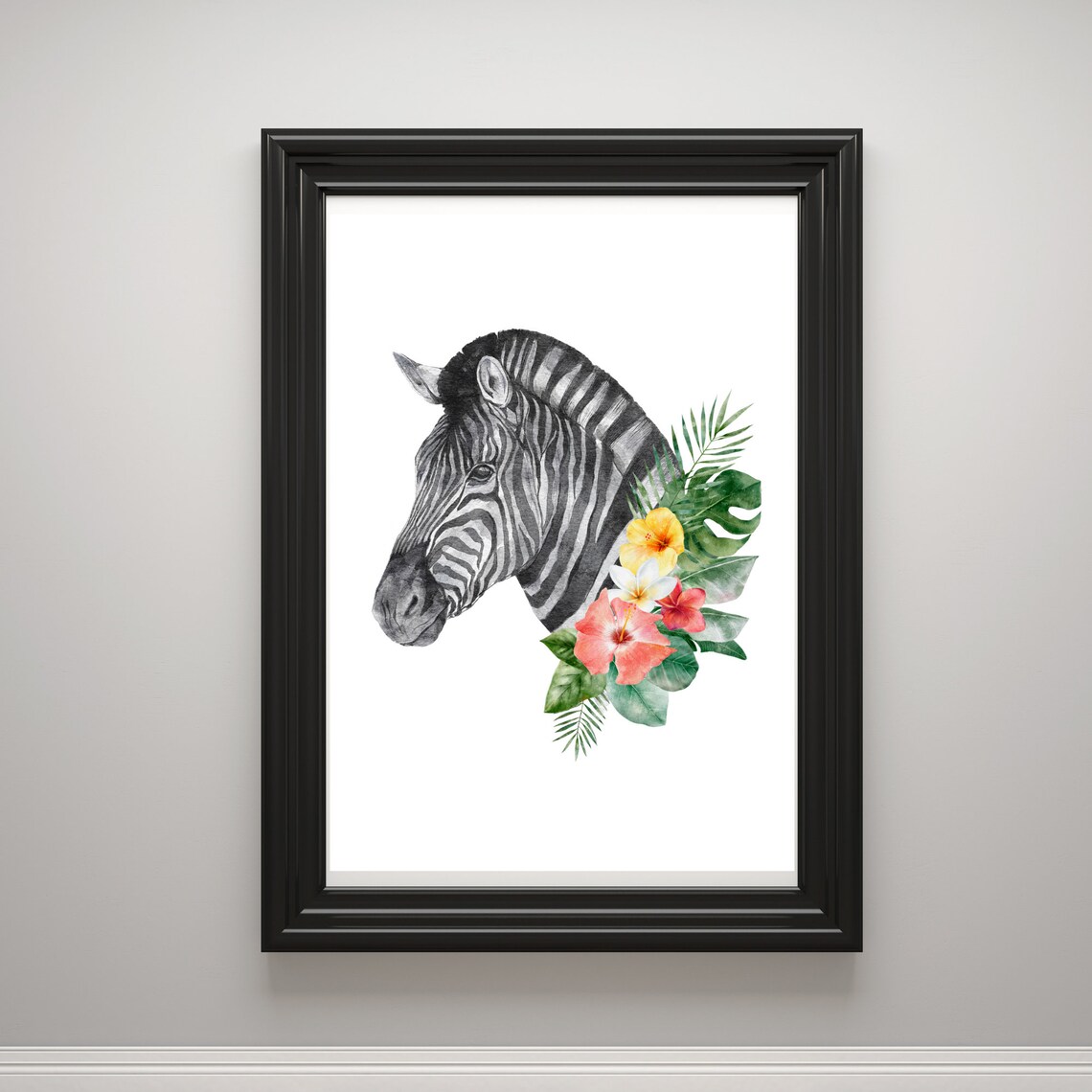Zebra With Tropical Flowers Watercolor Wildlife Safari Animal Art Poster - Image 2