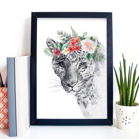 Leopard With Tropical Flower Crown Watercolor Wildlife Safari Art Poster