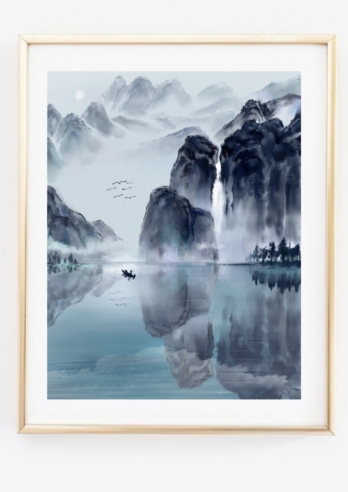Chinese Ink Painting Misty Mountains Lake Fisherman Watercolor Print Poster - Image 2