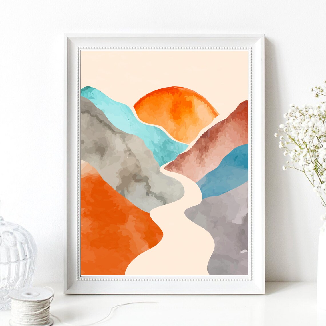 Din A4 Art Print Without Frame Abstract Landscape With Sun Mountains River Modern Art Picture Poster Print - Image 2