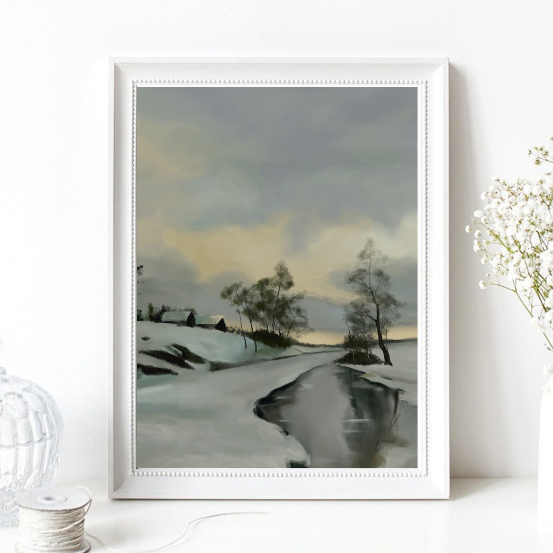 Winter Landscape Snowy River Cabin Snowy Trees Muted Calm Art Print